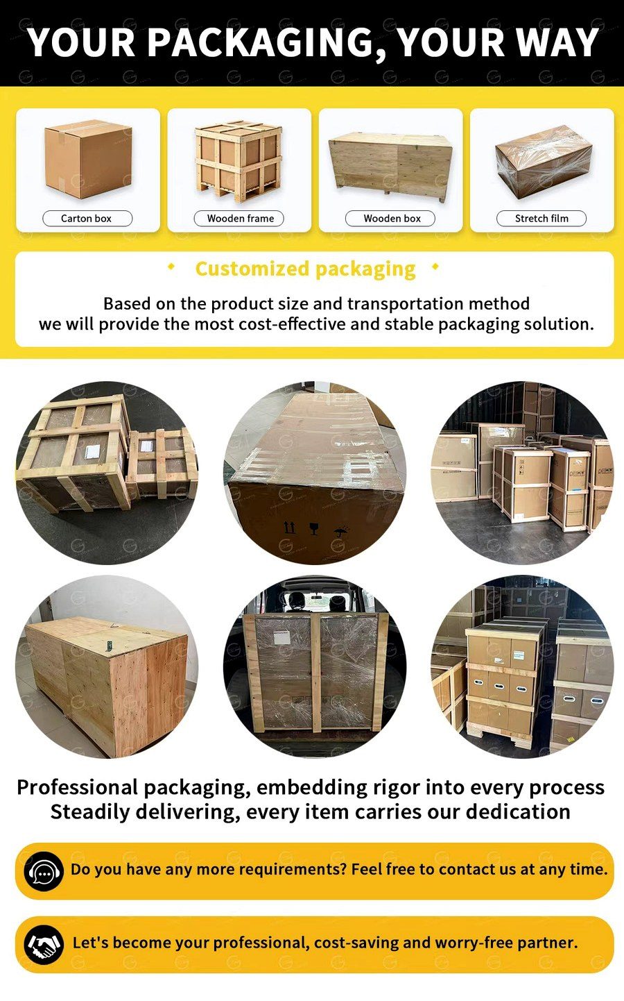 GZBOCH packaging options including carton box wooden frame wooden box and stretch film
