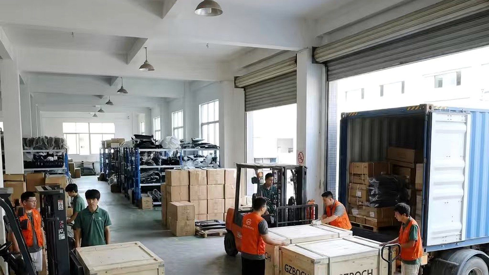 GZBOCH warehouse loading with wooden crates and container
