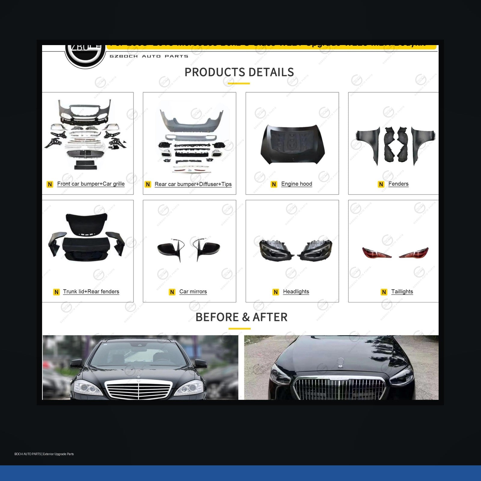 Maybach style conversion kit for Mercedes-Benz S Class W221 to W223 look black background product image