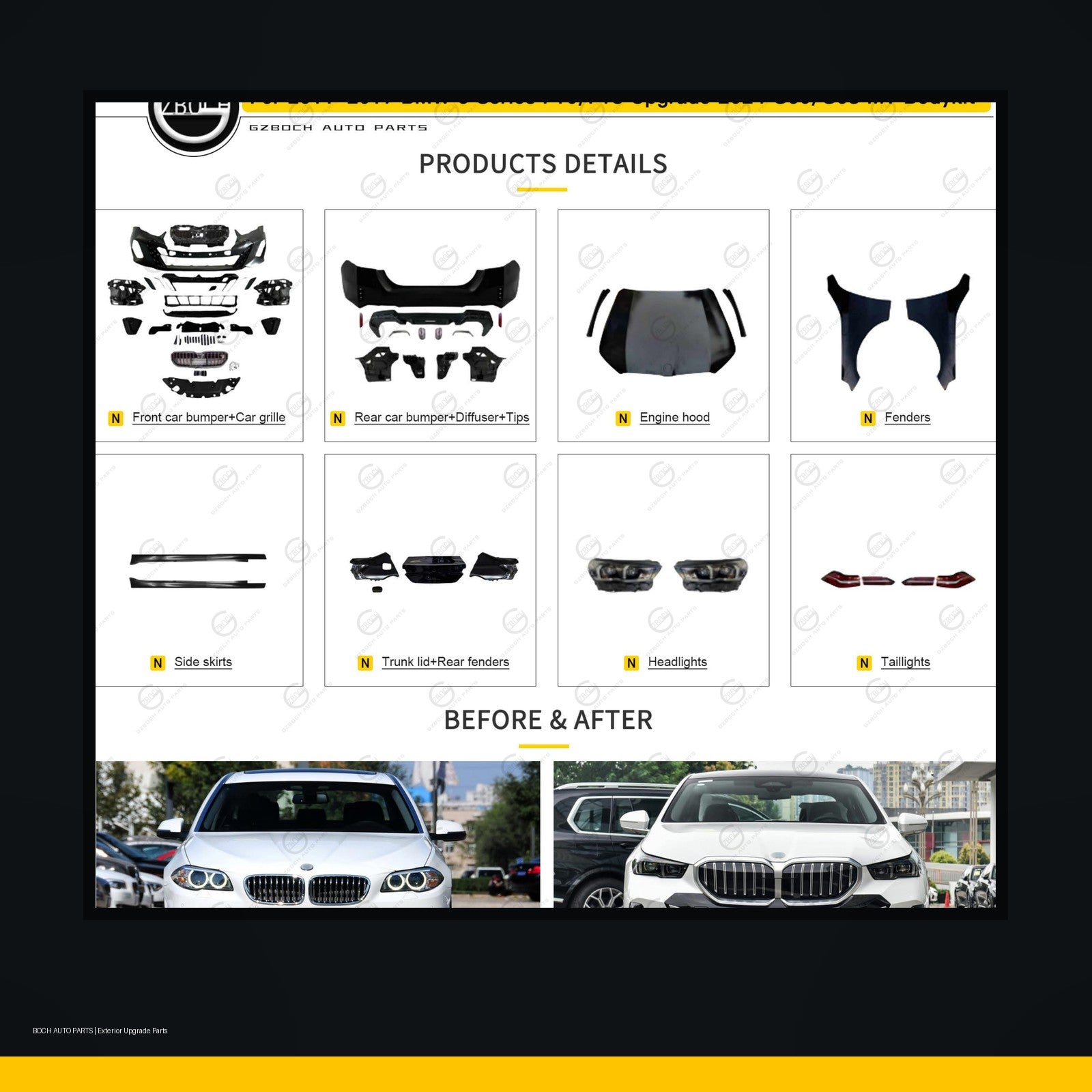 MT style body kit for BMW 5 Series F10 F18 to G30 look black background product image