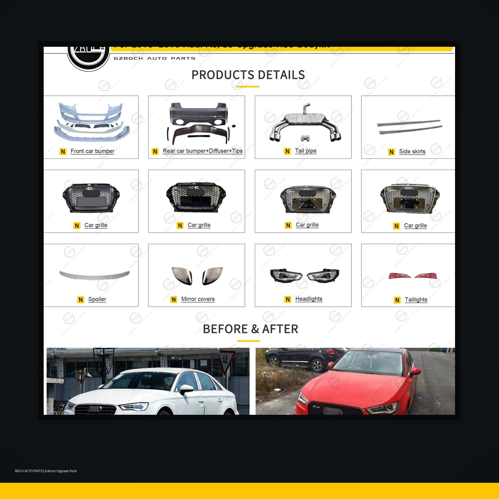 RS3 style body kit for Audi A3 8V black background product image