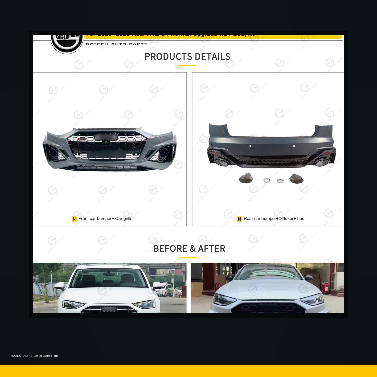 RS4 style body kit for Audi A4 B9 black background product image