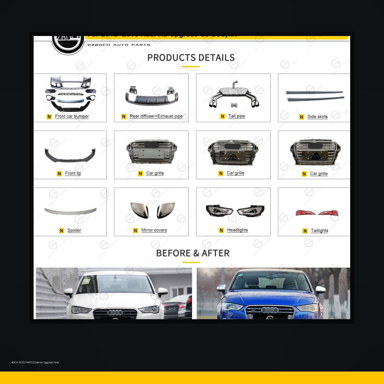S3 style body kit for Audi A3 8V black background product image